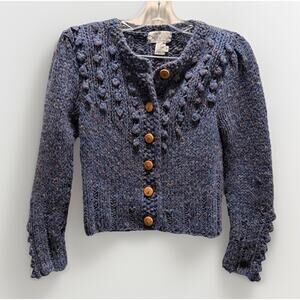 Vintage Hand Knit Jack Winter Petite Blue Wool Blend Cable Knit Cardigan Sweater
